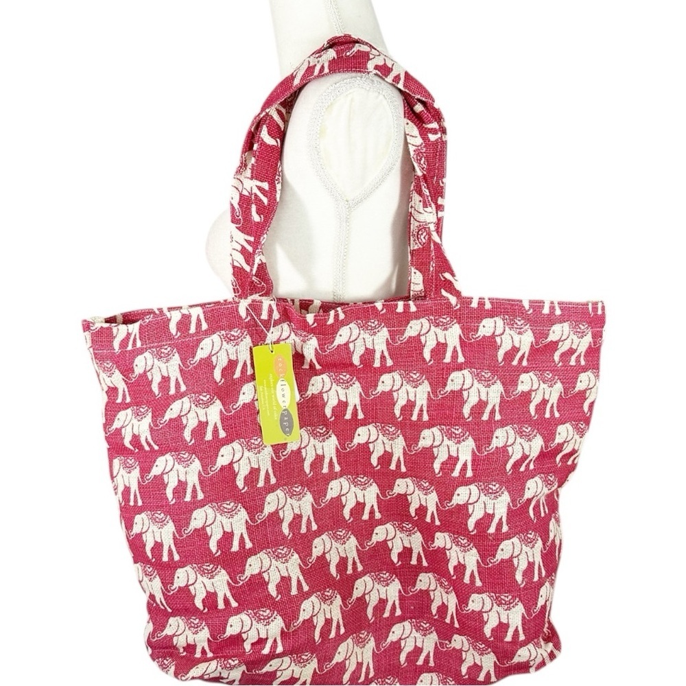 NWT- RockFlowerPaper Elephant Pink Jute Tote - Picture 2 of 6